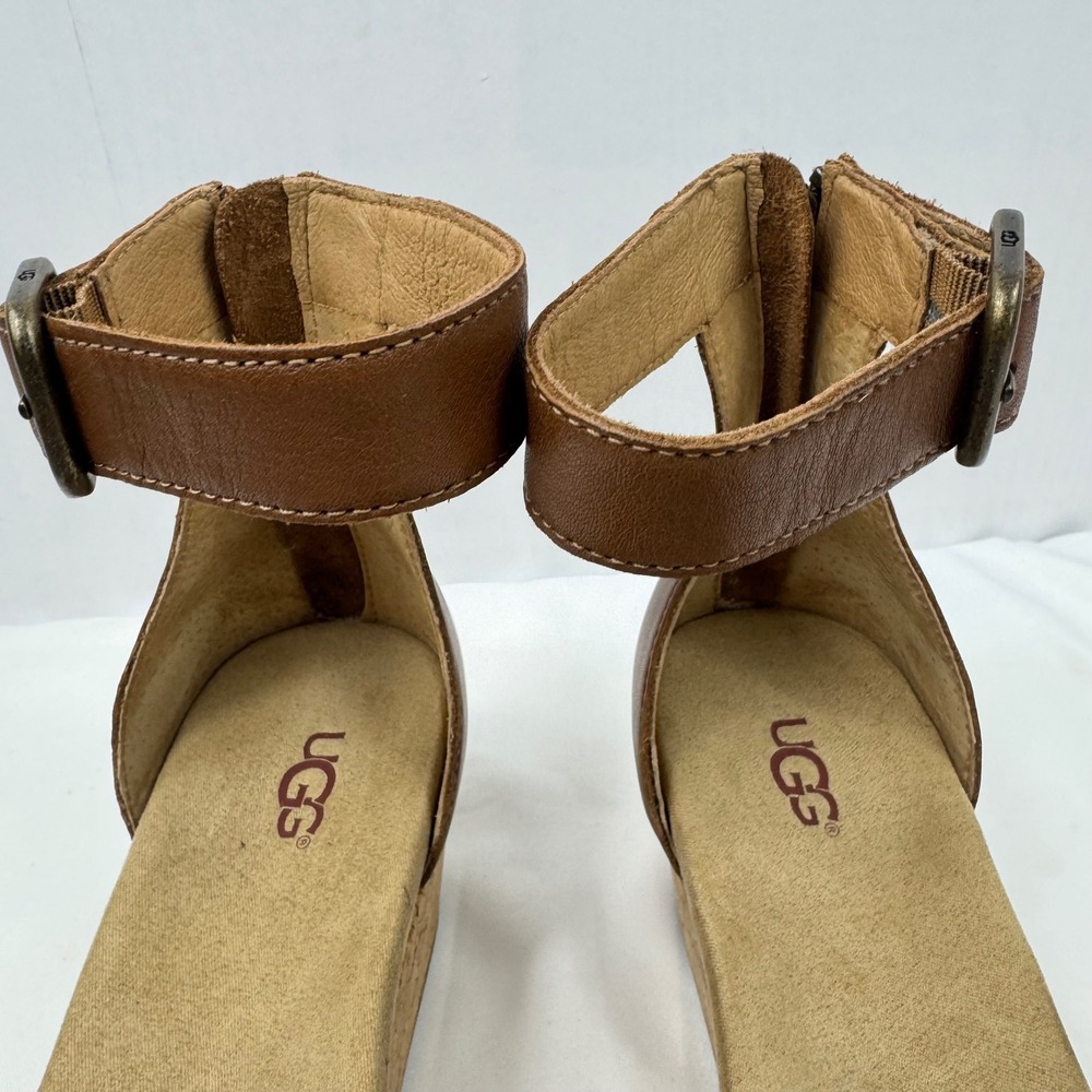 UGG Women Brown Leather Cork Wedge Ankle Strap Sandals 1102674 Size 9.5 - Picture 7 of 14